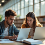 Jeune homme et femme étudiant dans une bibliothèque lumineuse