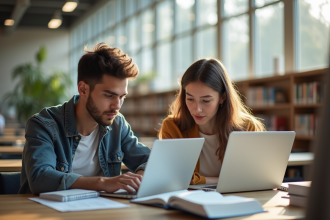 Jeune homme et femme étudiant dans une bibliothèque lumineuse