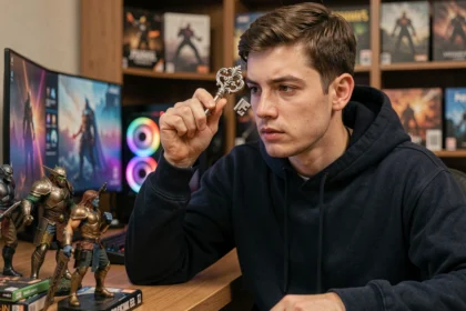 Joueur tenant une clé rare ornementée devant son setup gaming, analysant sa valeur stratégique dans un univers de jeux vidéo