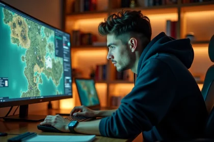Joueur adulte concentré sur un jeu de stratégie complexe devant un écran affichant une carte tactique, ambiance bureau gaming moderne