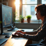 Gamer concentré jouant à un jeu de stratégie sur PC lumineux