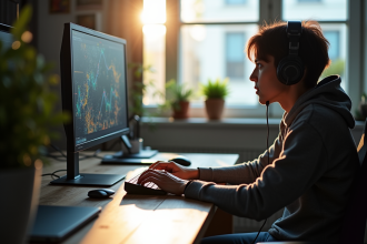 Gamer concentré jouant à un jeu de stratégie sur PC lumineux