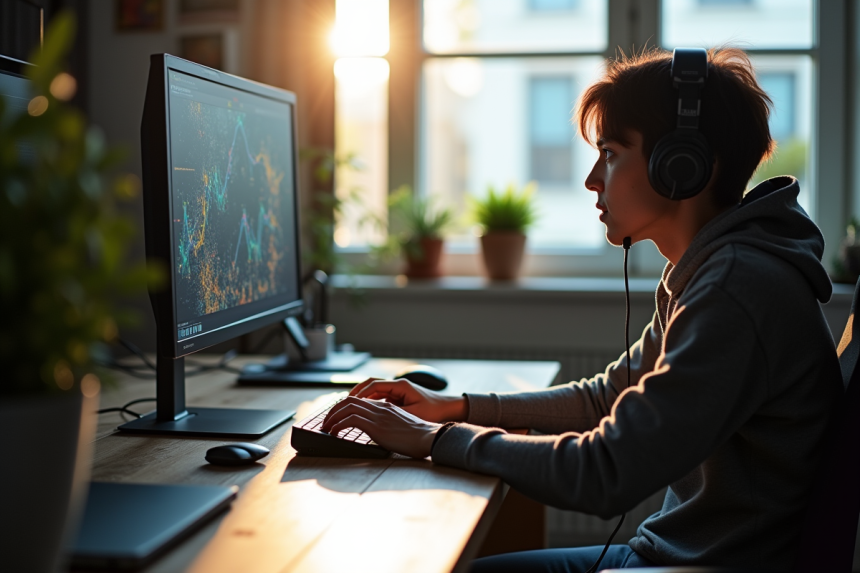 Gamer concentré jouant à un jeu de stratégie sur PC lumineux