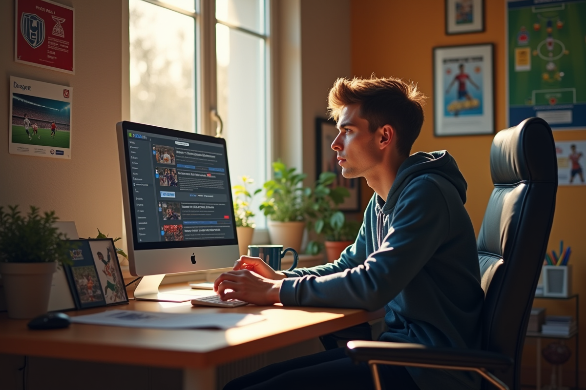 Journaliste sportif lisant forums de football en bureau