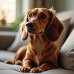Chien dachshund assis sur un canapé lumineux