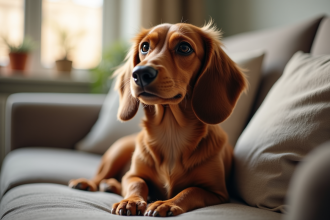 Chien dachshund assis sur un canapé lumineux