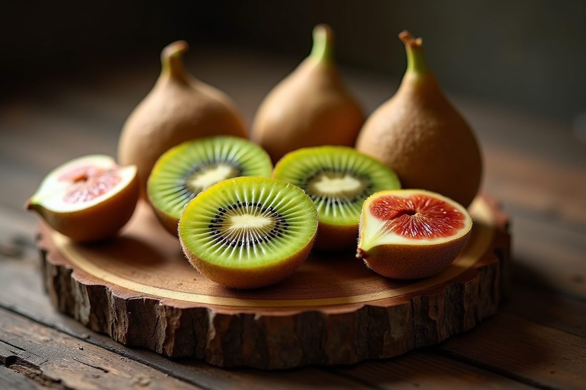 Fraises de kiwi et figues entières sur planche en bois rustique