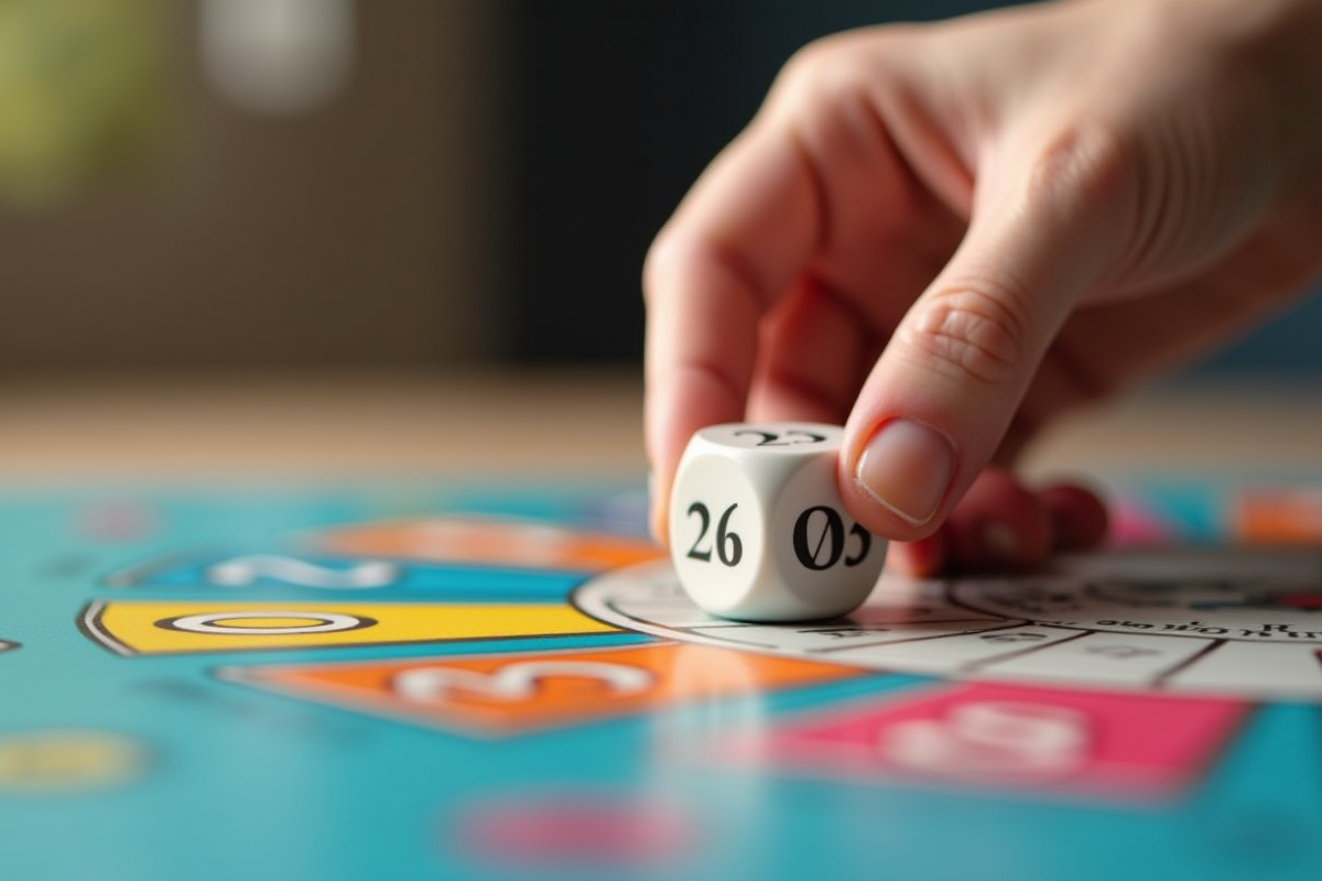 Main tenant un dé Trivial Pursuit sur le plateau coloré