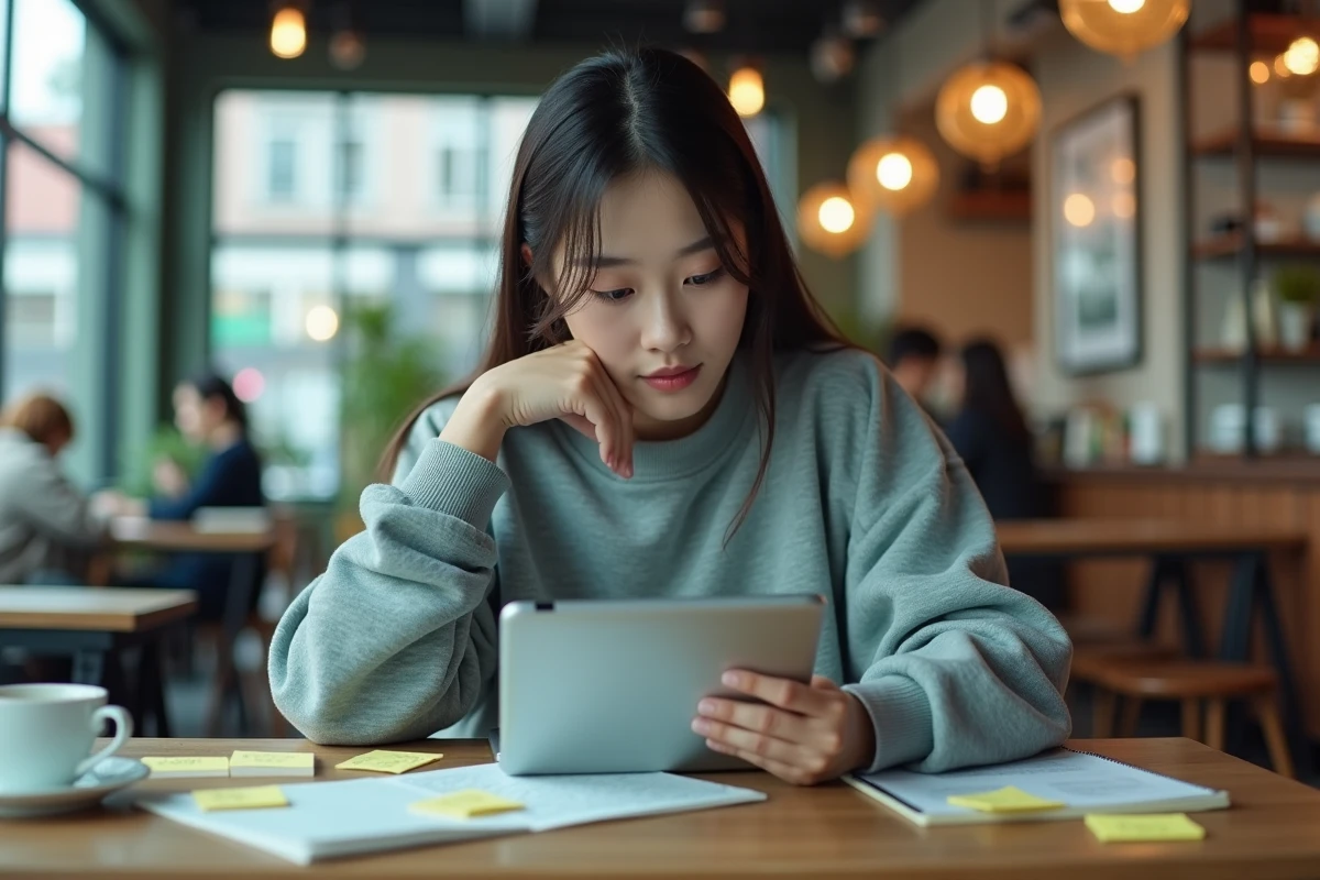 Jeune femme lisant un manhwa fantasy sur tablette dans un café contemporain, entourée de notes sur les webtoons coréens
