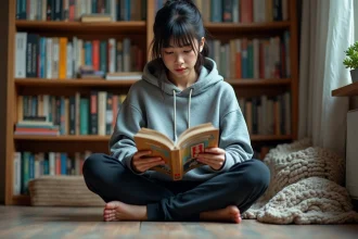 Jeune femme lisant un manga dans une bibliothèque personnelle remplie de volumes colorés de mangas et webtoons