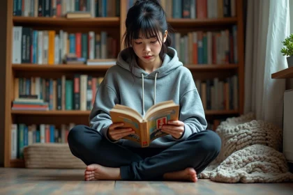 Jeune femme lisant un manga dans une bibliothèque personnelle remplie de volumes colorés de mangas et webtoons