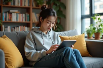 Jeune femme lisant des mangas en ligne sur une tablette dans un appartement cosy, illustrant les plateformes légales de lecture de manga