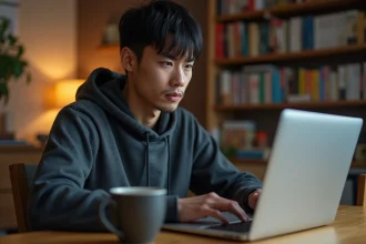 Jeune homme frustré devant une page d'erreur sur son ordinateur portable, cherchant une alternative à un site de lecture de manga indisponible