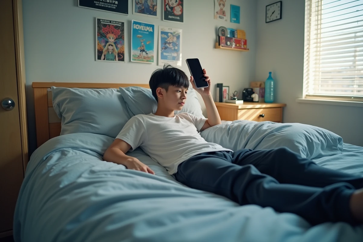 Adolescent lisant des mangas sur smartphone allongé dans sa chambre, illustrant l'accès mobile aux plateformes légales de streaming manga