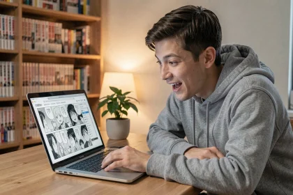 Jeune homme lisant un scan de manga One Punch Man sur ordinateur portable dans une chambre cosy entourée de volumes de mangas