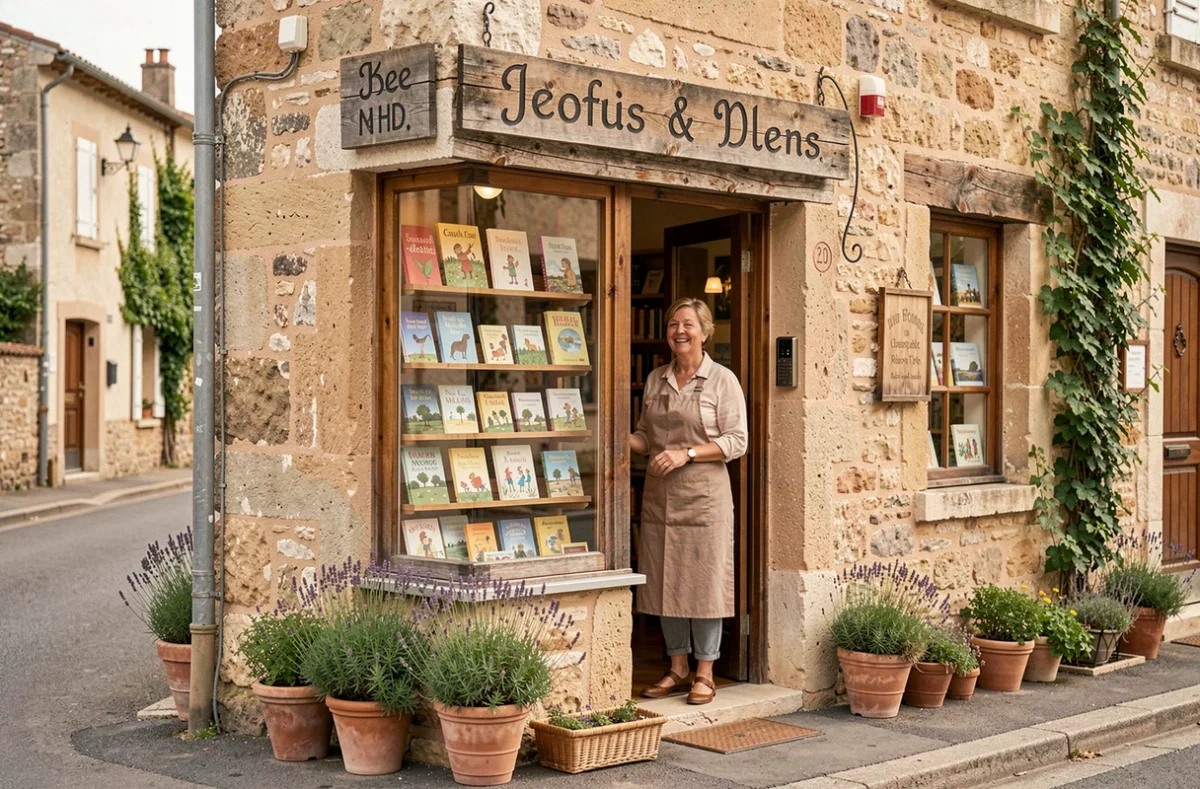 Devanture de la librairie Le Bois Jaune avec sa façade en pierre, son enseigne artisanale et sa vitrine de livres