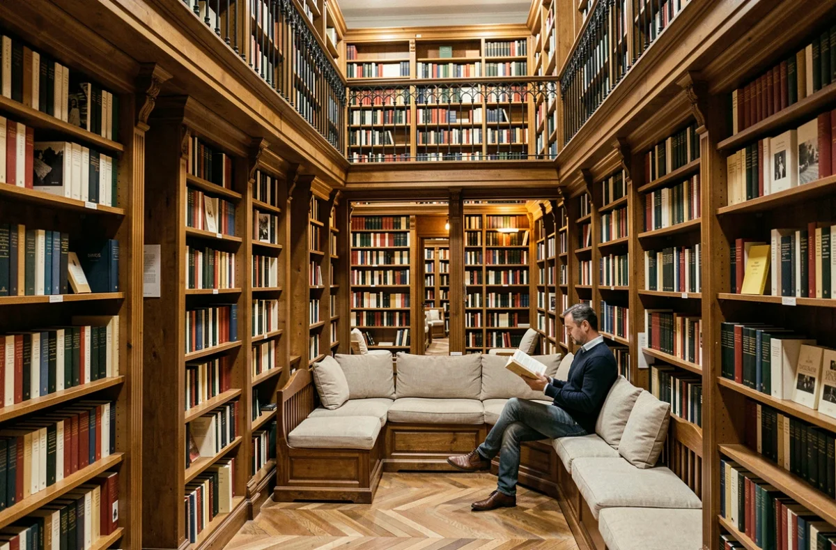 Intérieur de la librairie Ombres Blanches à Toulouse avec sa mezzanine et ses grands rayonnages en bois