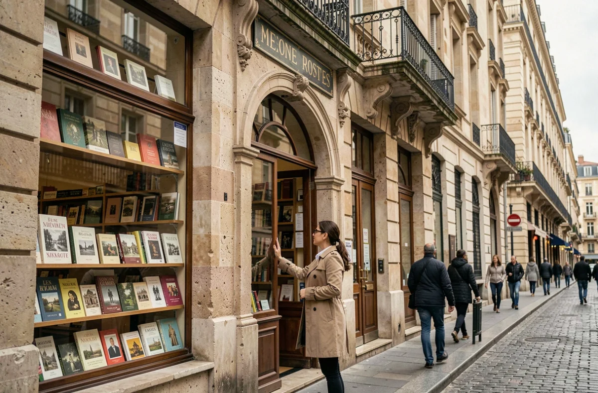 Façade historique de la librairie Privat à Toulouse avec son entrée en pierre et sa vitrine de livres