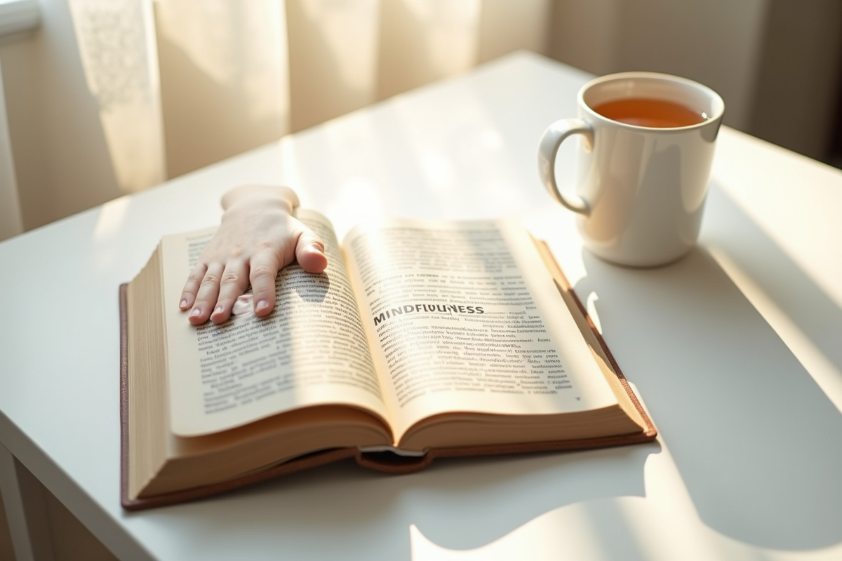Livre ouvert sur la pleine conscience avec tasse de tisane