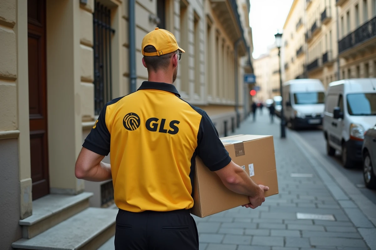 Livreur GLS déposant un colis devant une résidence dans une rue urbaine européenne aux façades classiques
