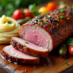 Magret de canard tranché avec légumes rôtis et purée