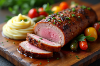 Magret de canard tranché avec légumes rôtis et purée