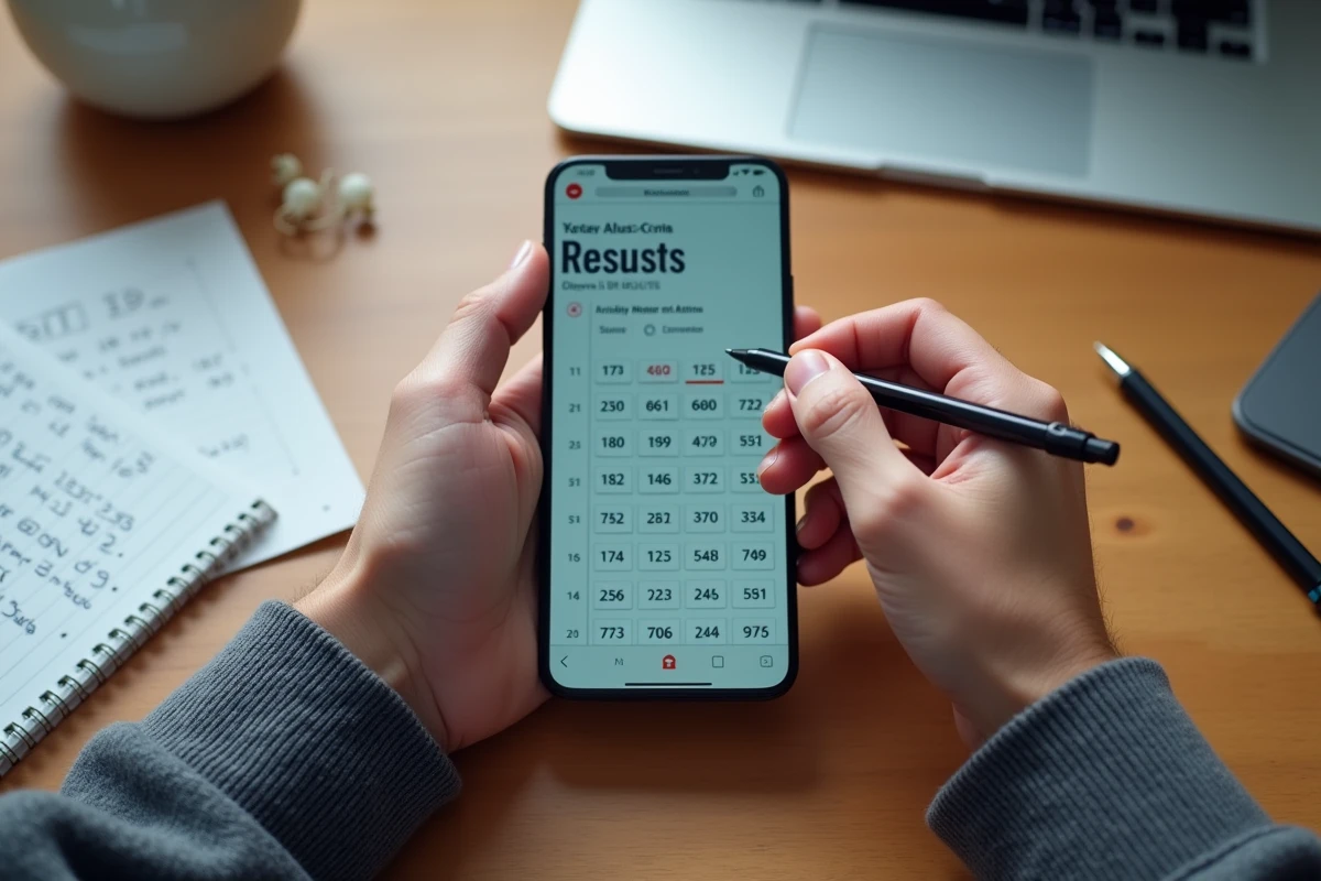 Mains consultant les archives de tirages Keno sur smartphone avec des notes manuscrites de statistiques