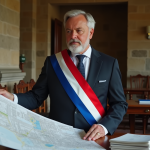 Maire en costume examinant une carte urbaine dans la mairie