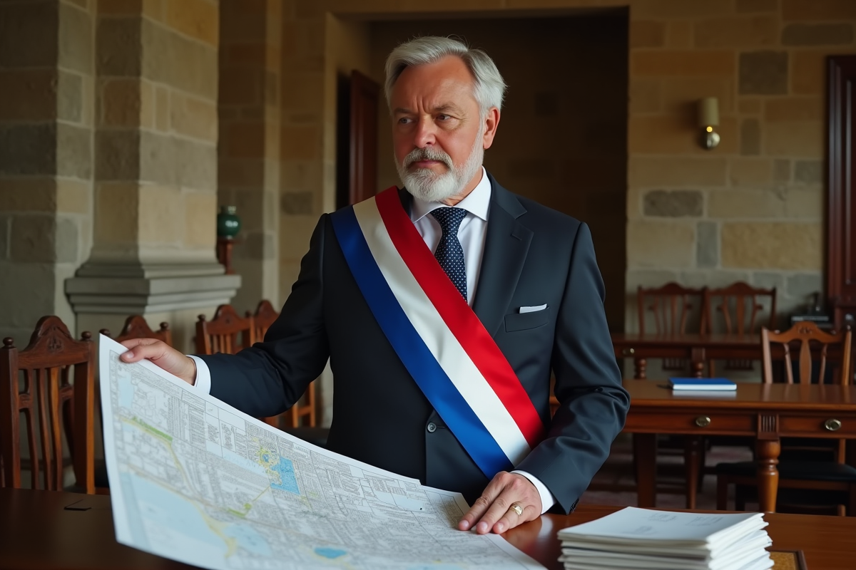 Maire en costume examinant une carte urbaine dans la mairie