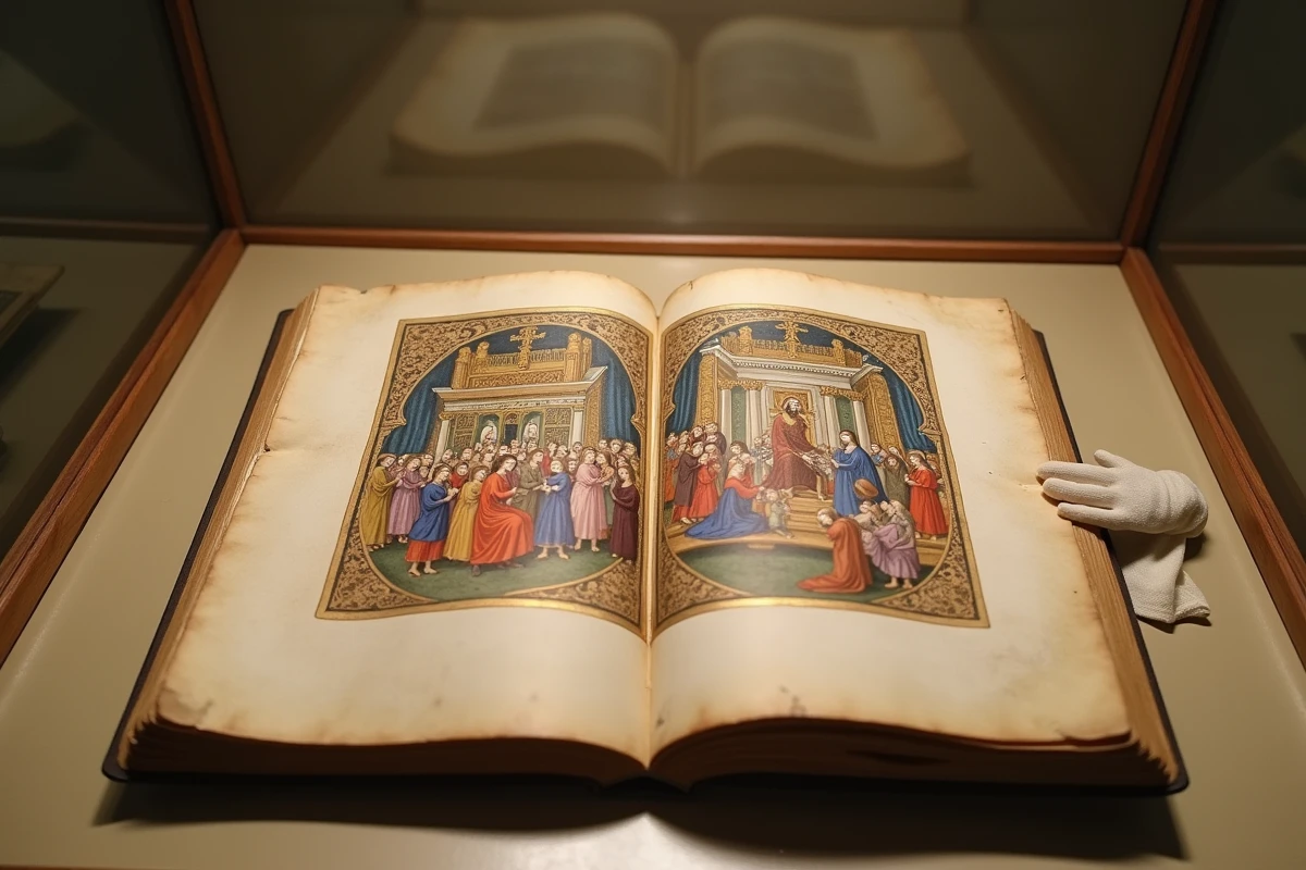 Manuscrit enluminé médiéval représentant la cour royale française du règne de Charles VI exposé en salle de conservation