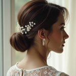 Mariée avec coupe bob et accessoires en perles à l'intérieur