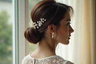 Mariée avec coupe bob et accessoires en perles à l'intérieur