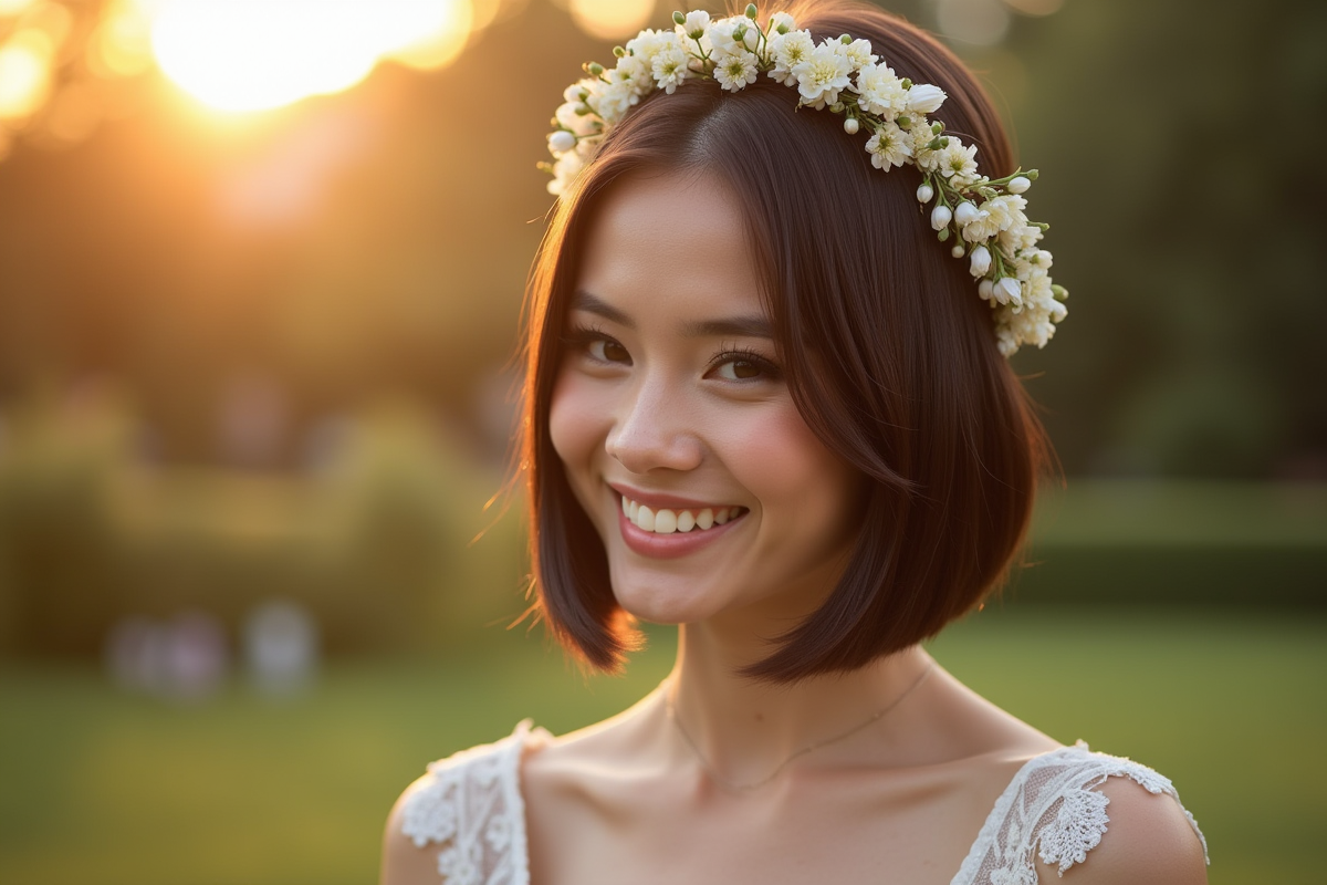 Mariée souriante avec couronne de fleurs dans le jardin