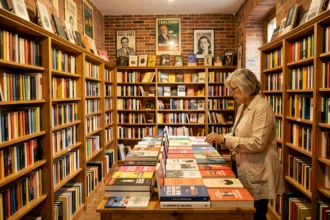 Intérieur d'une librairie indépendante en Haute-Garonne avec des rayonnages en bois chargés de livres colorés