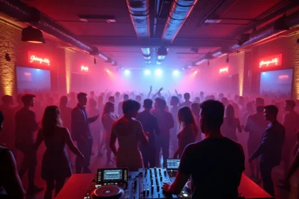 Vue panoramique d'une boîte de nuit parisienne animée avec un DJ en cabine et une foule dansante