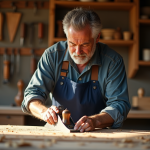 Homme menuisier travaillant le bois dans son atelier lumineux