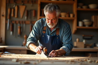 Homme menuisier travaillant le bois dans son atelier lumineux
