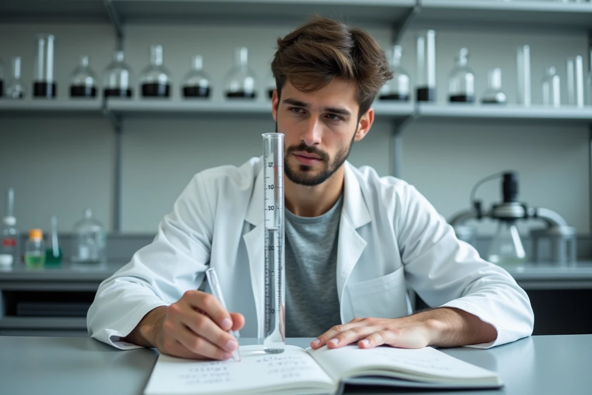 Étudiant en sciences mesurant un litre en millilitres avec un cylindre gradué en laboratoire