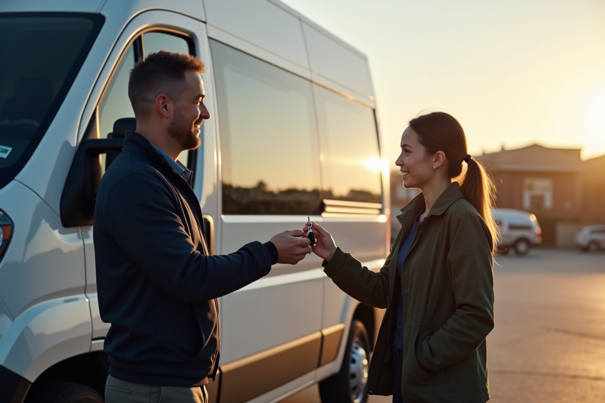 Moniteur remettant les clés à une jeune femme devant une camionnette
