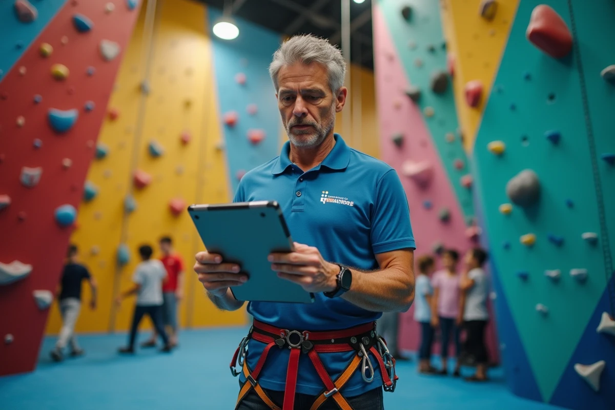 Moniteur d'escalade indoor consultant les avis clients et statistiques de réservation sur une tablette Funbooker