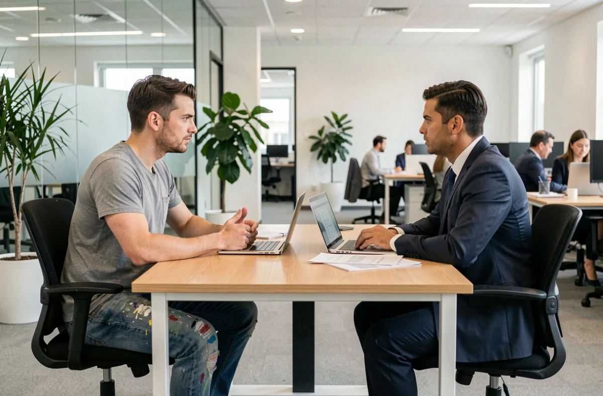 Artiste en négociation salariale avec un responsable RH dans un bureau moderne