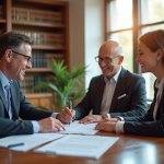 Notaire professionnel en bureau moderne avec couple souriant
