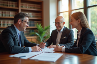 Notaire professionnel en bureau moderne avec couple souriant