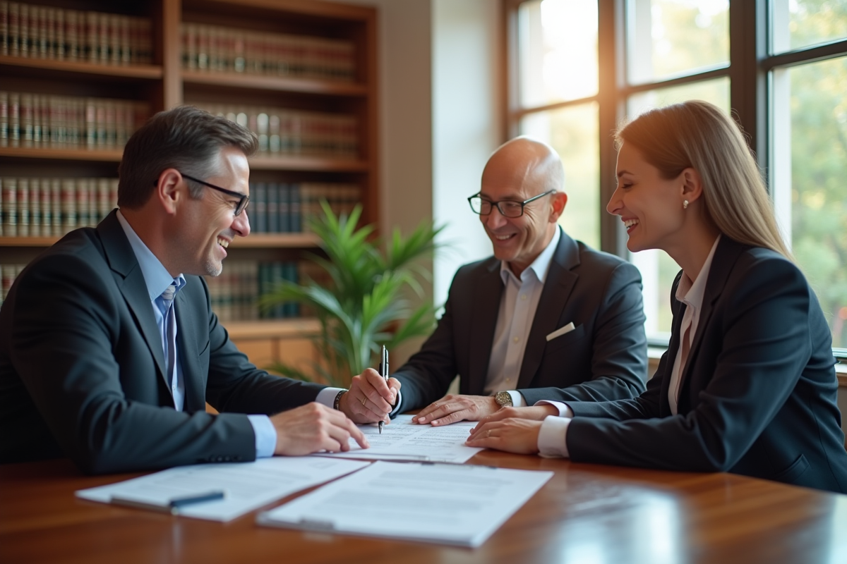 Notaire professionnel en bureau moderne avec couple souriant