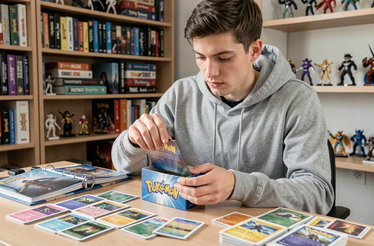 Jeune homme ouvrant un coffret collector Pokémon EV10.5 dans une salle de jeux à domicile
