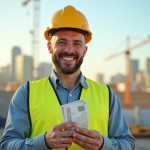 Ouvrier de chantier souriant avec casque jaune et gilet réfléchissant sur un site moderne