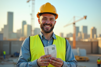 Ouvrier de chantier souriant avec casque jaune et gilet réfléchissant sur un site moderne