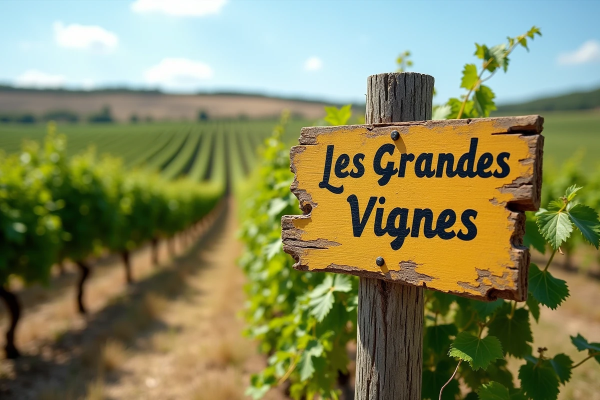 Panneau en bois peint à la main indiquant un lieu-dit au milieu d'un vignoble français en été
