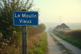 Panneau de lieu-dit en France planté au bord d'une route de campagne entourée de haies et de champs
