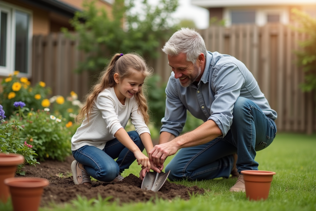 Père et fille plantant des fleurs dans le jardin familial